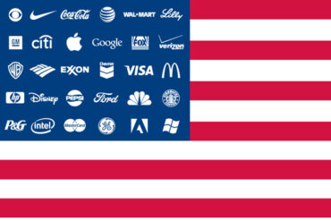 Circumsizing the Heart - American flag with corporate logos instead of stars - capitalism illustrated