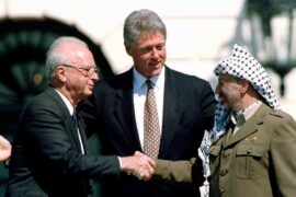 Bill Clinton, Yitzhak Rabin, and Yasser Arafat after the signing of the Oslo Accords