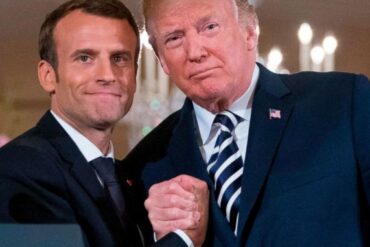French President Emmanuel Macron with US President Donald Trump. Trump is preparing to get tough with Bibi Netanyahu