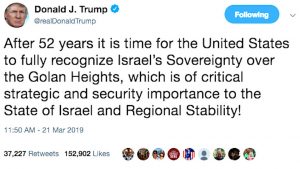 US President Donald Trump tweets support for Israeli sovereignty over the Golan Heights