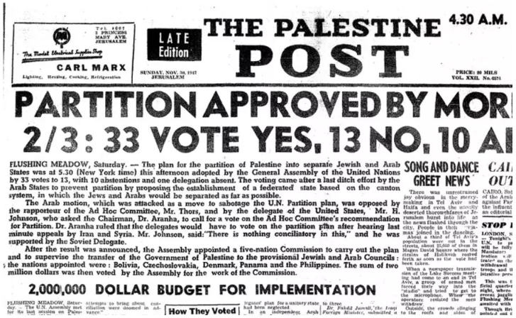 Psychological Liberation with Justin Ellis & Mordechai Taub - image of an article about the Partition Plan in the Palestine Post